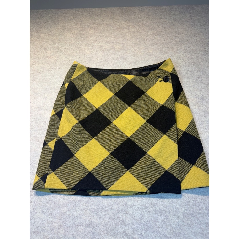Kensie Yellow Black Buffalo Plaid Wool Blend Mini Skirt Size 6 Wrap A-Line